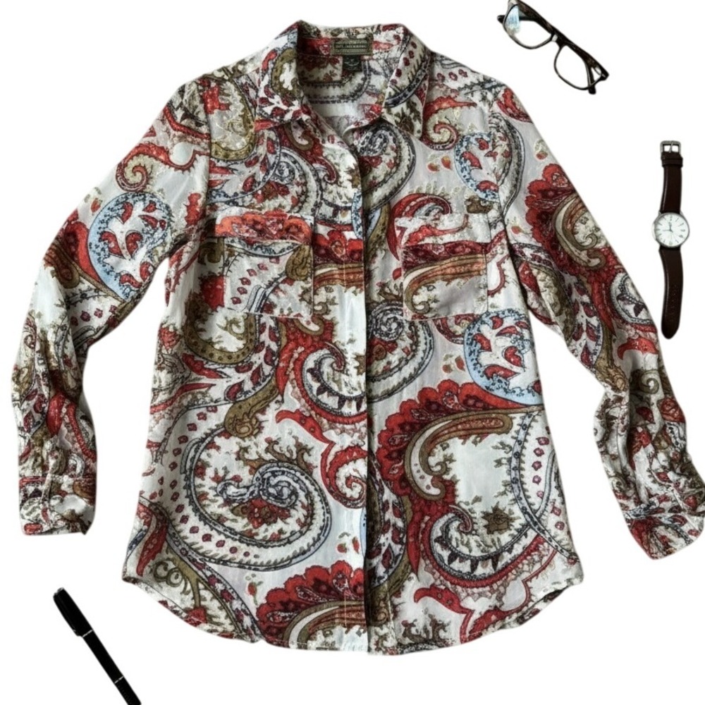 2Oh Threads Paisley‎ Print Button Down Blouse Silk Blend Velvet burnout STUNNING